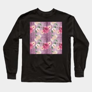 Carnations and Peonies on Purple Wood Background Long Sleeve T-Shirt